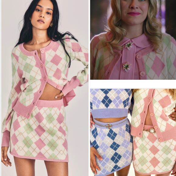 NWT LOVESHACKFANCY SWEATER SKIRT SET XS PINK GREEN CARDIGAN ARGYLE CASHMERE WOOL - Picture 1 of 15